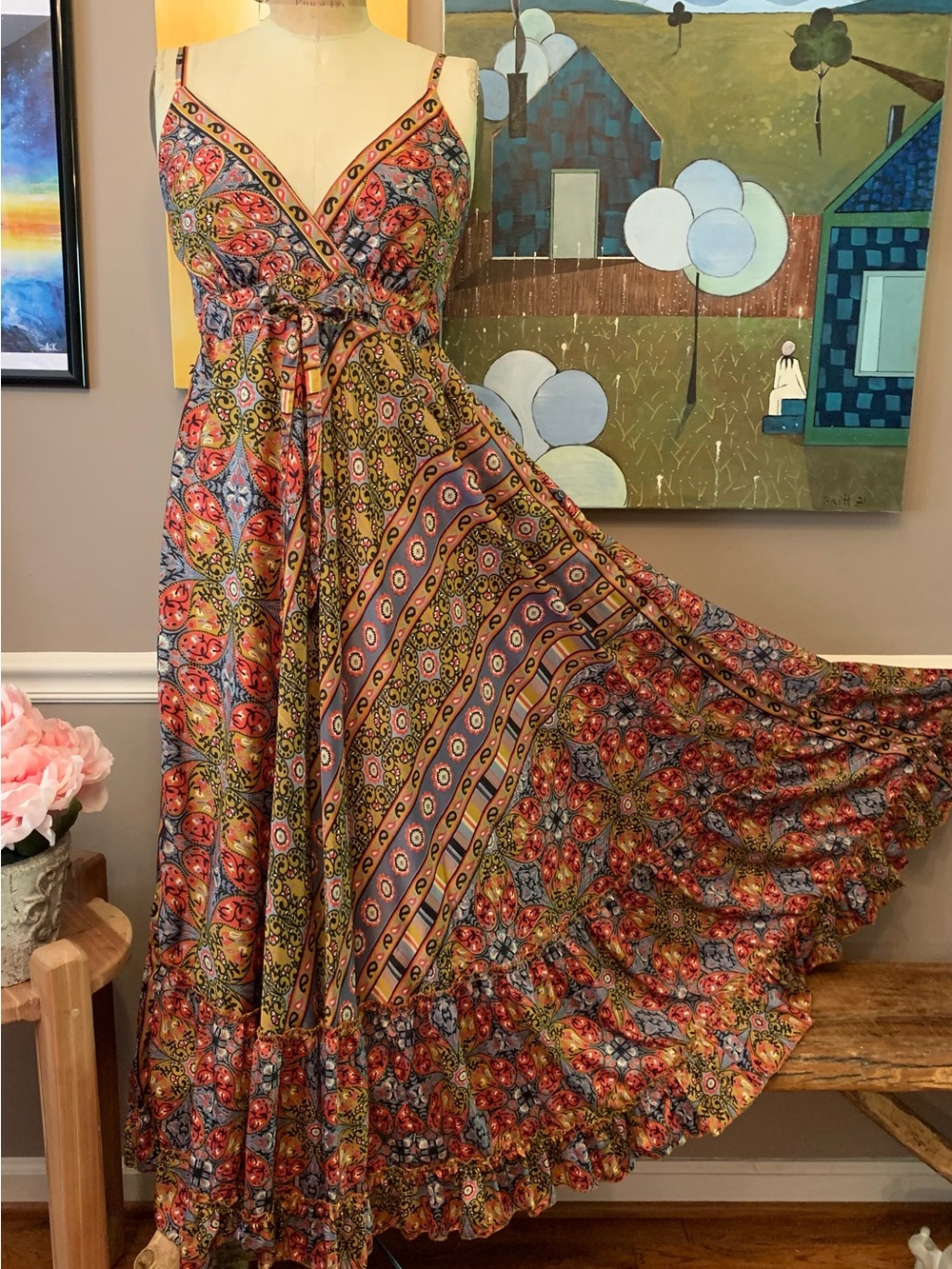 Boho Patchwork Maxi Dress Medium Earth Tone Paisley Festival Party Soft Fabric
